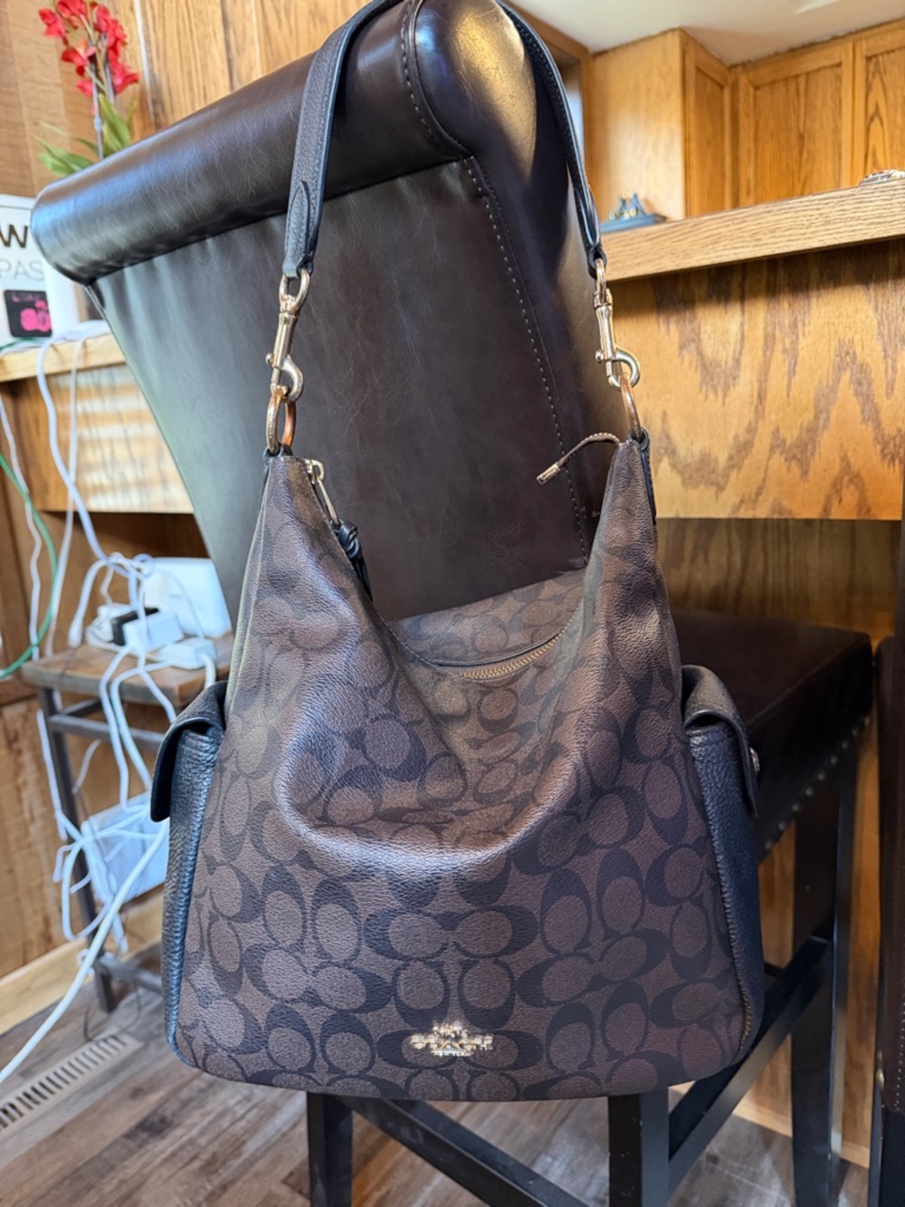 Coach Brown Signature Canvas and Black Leather Hobo Bag